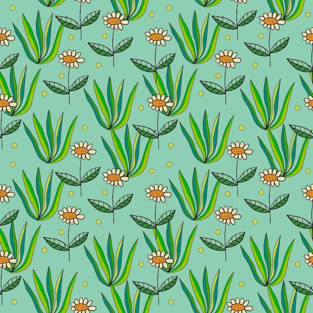 Vector abstract colorful doodle daisy flower and bush seamless pattern. fantasy floral background.