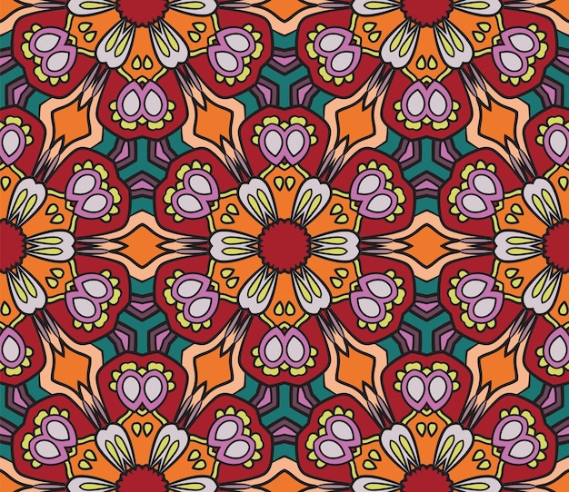 Abstract colorful doodle geometric flower seamless pattern. Floral background. Mosaic, geo tile