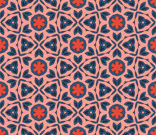 ベクトル 抽象的なカラフルな落書き幾何学的な花のシームレスなパターン。花の背景。モザイク、ジオタイル