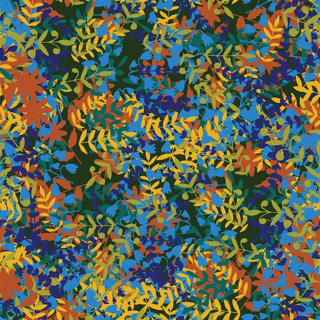 Abstract colorful doodle seamless pattern with leaves, plants, branches. Messy floral