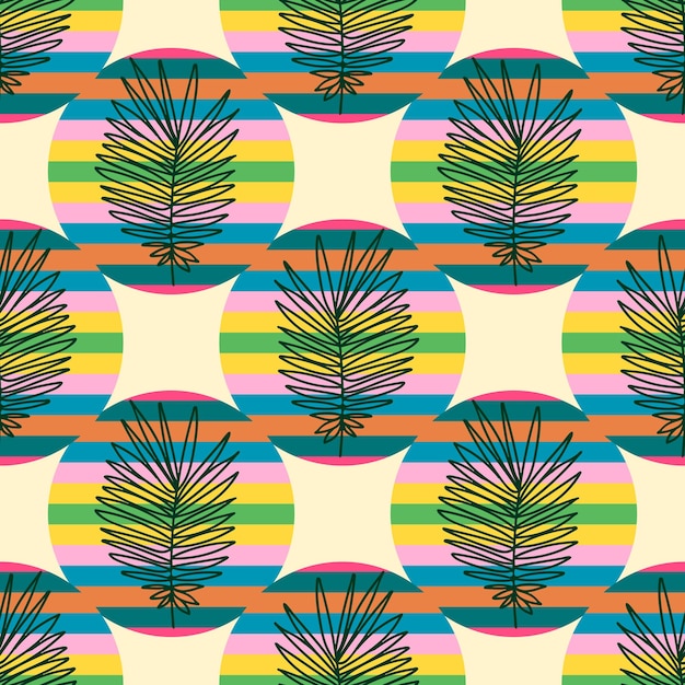 Abstract colorful doodle striped polka dot flower seamless pattern. palm leaf floral background.