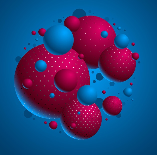 Abstract colorful dotted spheres vector background, composition of flying balls decorated with dots, 3d mixed globes