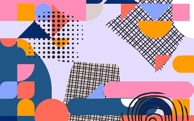 추상적인 다채로운 기하학 및 모양 바우하우스와 그룬지 라인 아트 배경 터 디자인