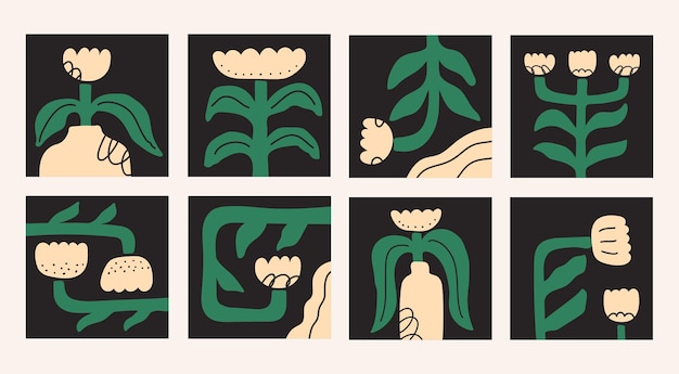 검은 배경에 추상 화려한 손으로 그린 식물 최신 유행의 꽃 무늬 세트