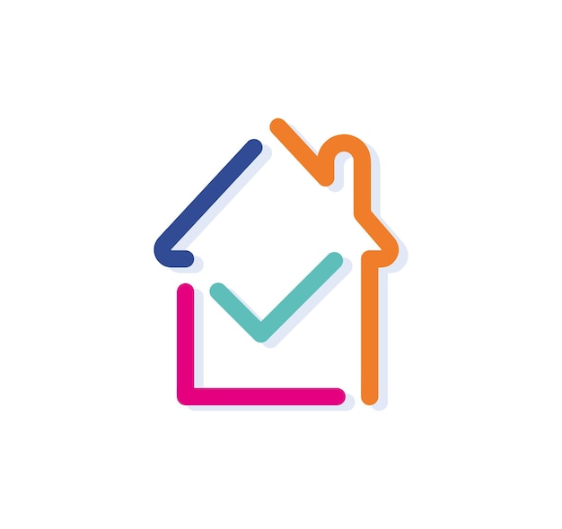 Абстрактный красочный логотип дома и галочки. Современные линии с новыми цветами поп-арта.