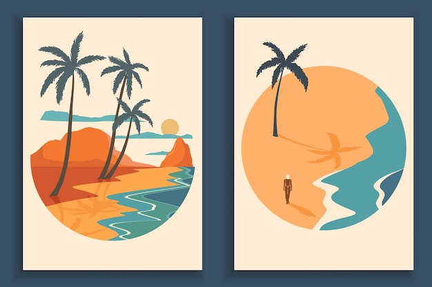 Vettore collezione di poster paesaggio colorato astratto. set di modelli di stampa spiaggia di arte contemporanea.