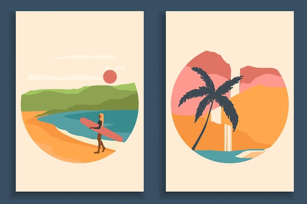 Vector abstract colorful landscape poster collection. set of contemporary art beach print templates.