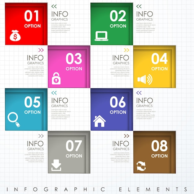 Vettore modello di elementi infografici quadrati di carta colorata astratta