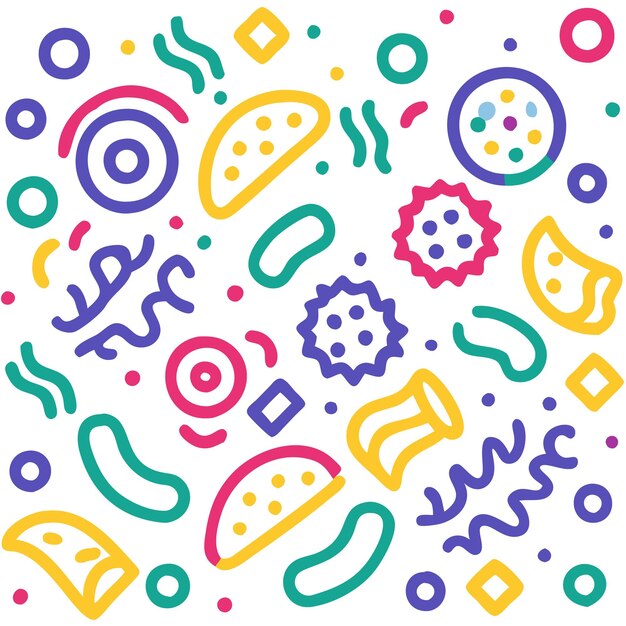 Abstract colorful pattern with various shapes and colors including circles ovals squares and swirls