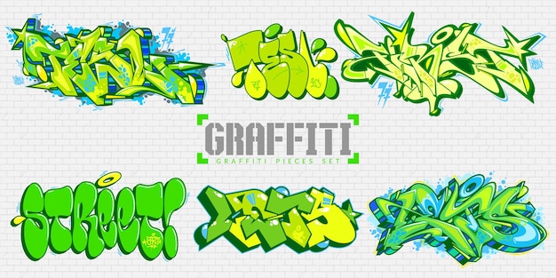 Abstract Colorful Urban Graffiti Style Street Art Lettering Vector Illustration Set