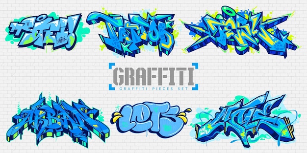 Abstract colorful urban graffiti style street art lettering vector illustration set