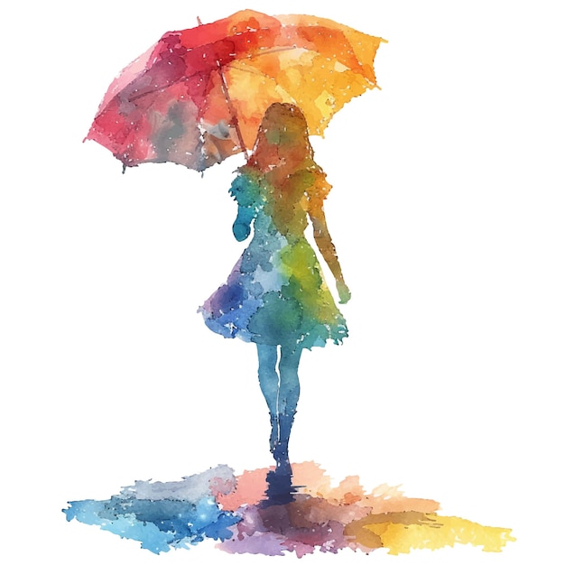 우산 소녀의 추상적인 색상 실루 수채화 스타일의 터 일러스트레이션