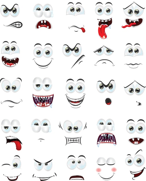 Vector abstract comic faces with various emotions cartoon drawing style different colorful characters