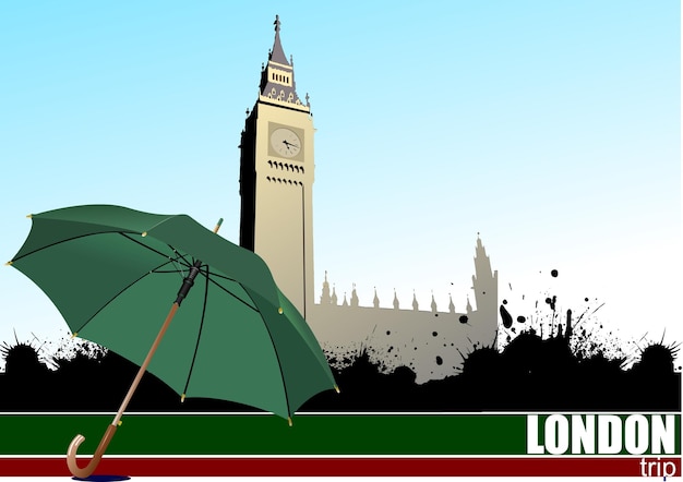 Abstract composition by London trip with green umbrella image Vector 3d illustration