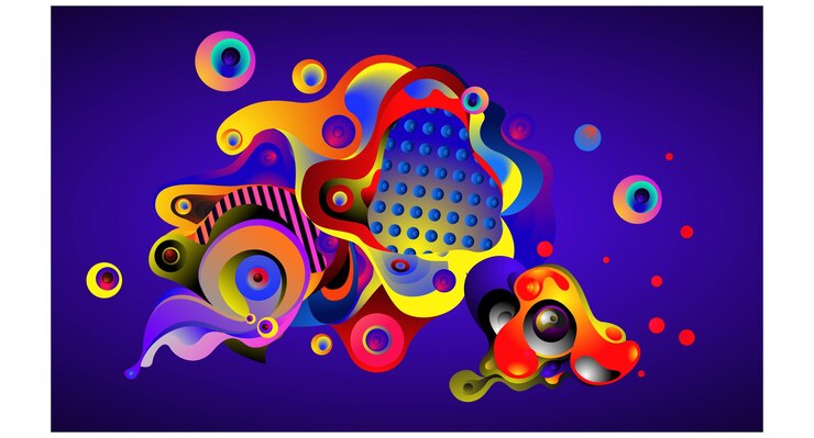Vector abstract composition with colorful geometric shapes on dark blue background