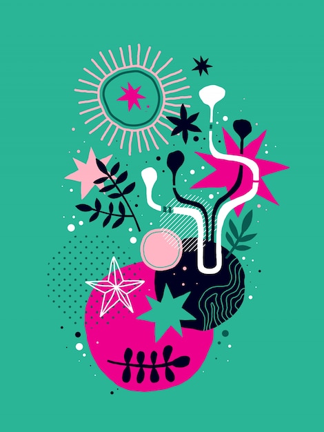 Vector abstract composition with floral hand drawn elements