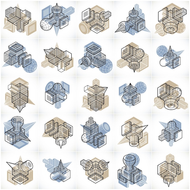 Коллекция абстрактных строительных изометрических конструкций, векторный набор.