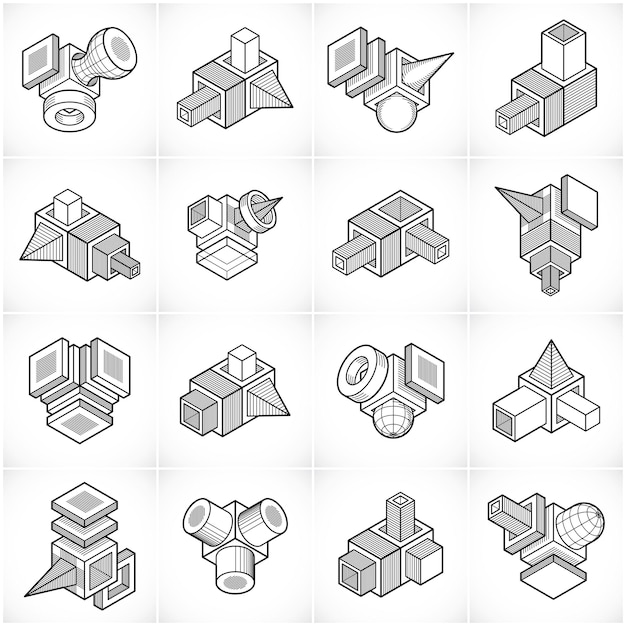 Абстрактные строительные изометрические конструкции, векторный набор.