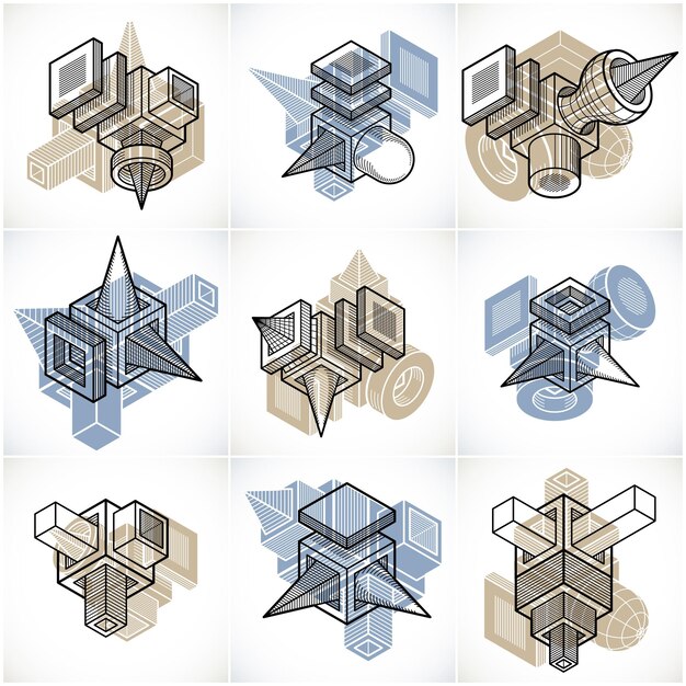 Vector abstract constructions vector set, dimensional designs collection.