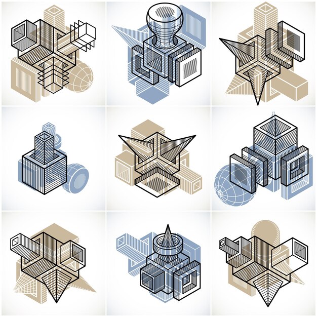 Insieme di vettore di costruzioni astratte, collezione di disegni dimensionali.