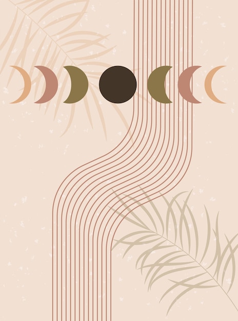 Vector abstract contemporary aesthetic background moon phases and lines earth tones terracotta colors
