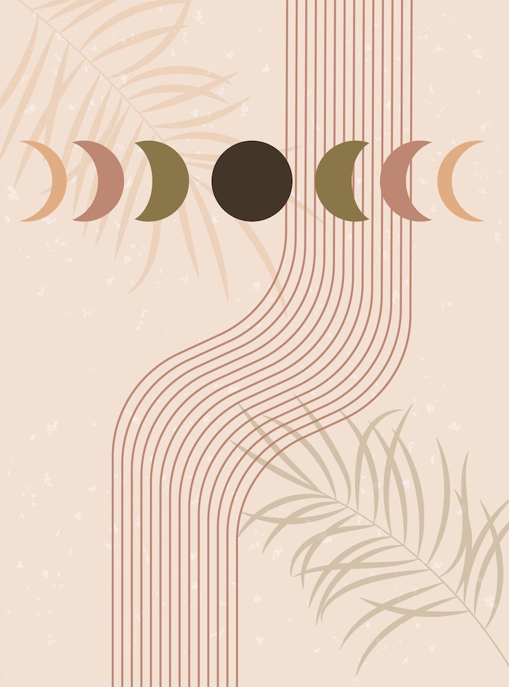 Vector abstract contemporary aesthetic background moon phases and lines earth tones terracotta colors