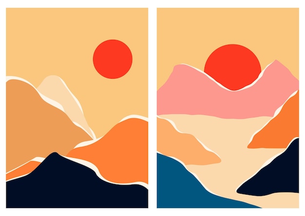 Abstract contemporary landscape posters set Mid century modern minimalist art print Boho poster cover Mountain hill lake sun Flat design for book cover poster banner brochure flyer