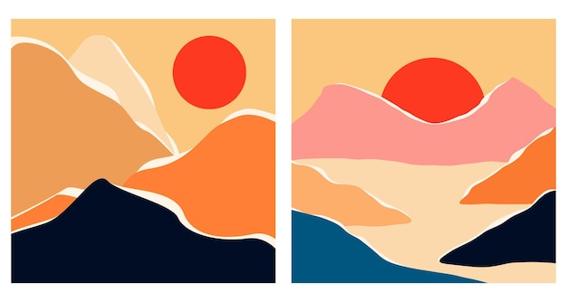 Abstract contemporary landscape posters set Mid century modern minimalist art print Boho poster cover Mountain hill lake sun Flat design for book cover poster banner brochure flyer