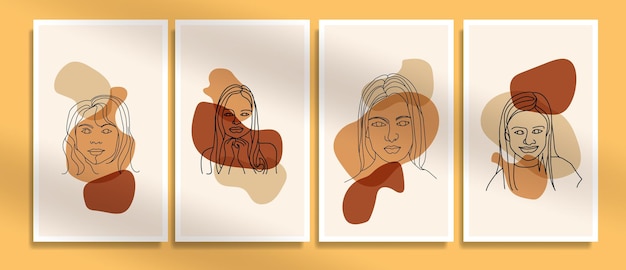 Abstract contemporary mid century modern face line art portraits boho poster template collection