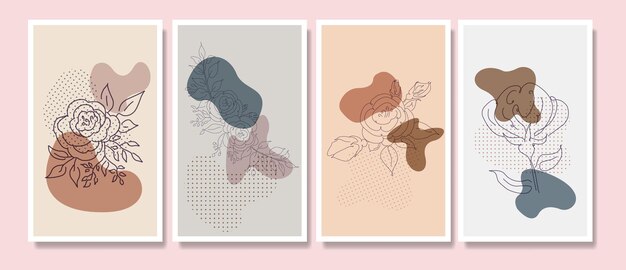 Abstract contemporary mid century modern flower line art portraits boho poster template collection