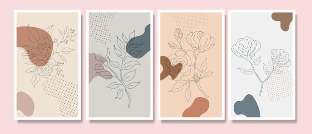 추상 현대 중반 세기 현대 꽃 라인 아트 초상화 boho 포스터 템플릿 컬렉션