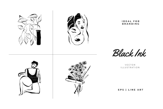 抽象的な現代的なミッドセンチュリー モダンなインク自由奔放に生きる黒 k イラスト集。トレンディな手描き