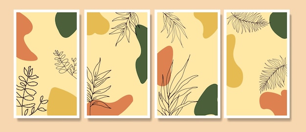 抽象的な現代的なミッドセンチュリー現代熱帯の葉の線画の肖像画自由奔放に生きるポスターテンプレートセット