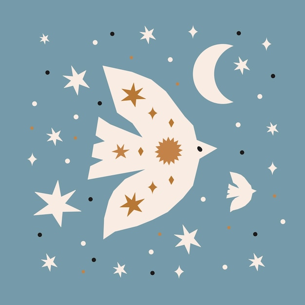 Abstract contemporary print with cutting birds moon and stars on blue background