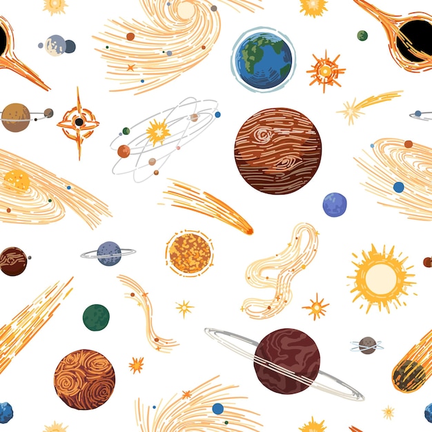 Абстрактное космическое пространство бесшовный узор Орнамент планет, звезды, кометы, астероиды, галактики, нарисованные вручную красочные векторные иллюстрации