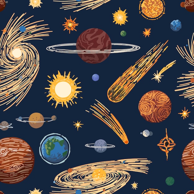 Abstract cosmic space seamless pattern Ornament of planets stars comets asteroids galaxies Hand drawn colorful vector illustrations