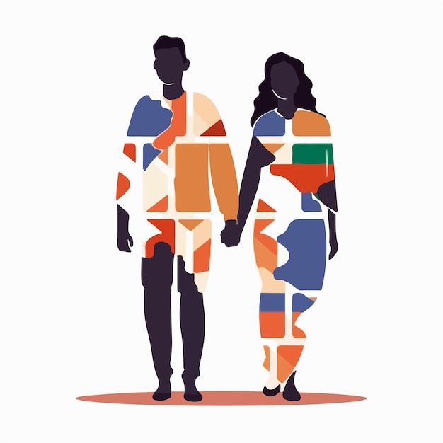 Vector abstract couple silhouette with vitiligo of different nationalities standing together vector concep