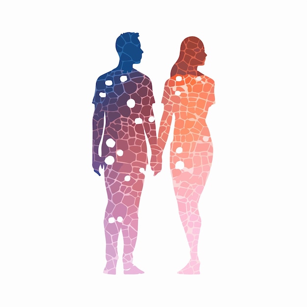 Vector abstract couple silhouette with vitiligo of different nationalities standing together