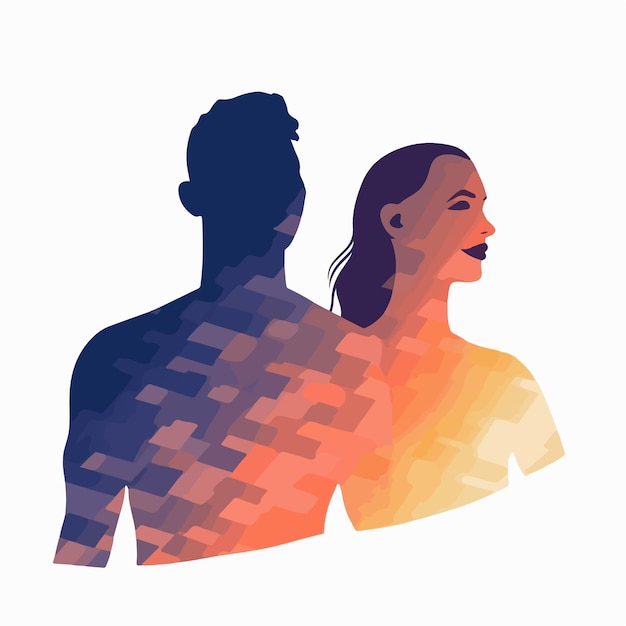 Abstract couple silhouette with vitiligo of different nationalities standing together