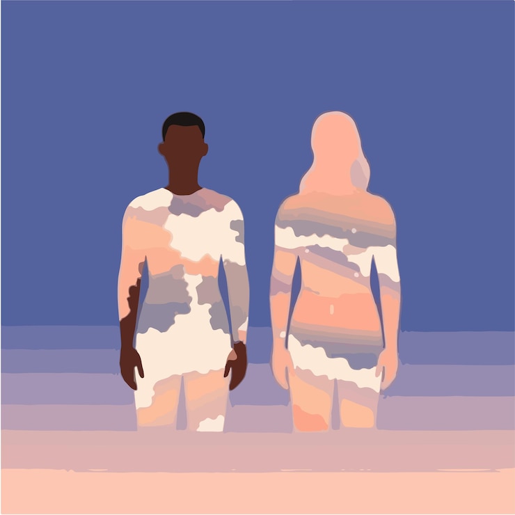 Vector abstract couple silhouette with vitiligo of different nationalities standing together