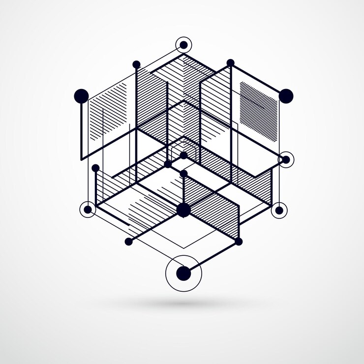 Vector abstract creative geometric art with a variety of geometric elements blue background, vector illustration. perspective blueprint of mechanism, scheme. perfect background for your designs