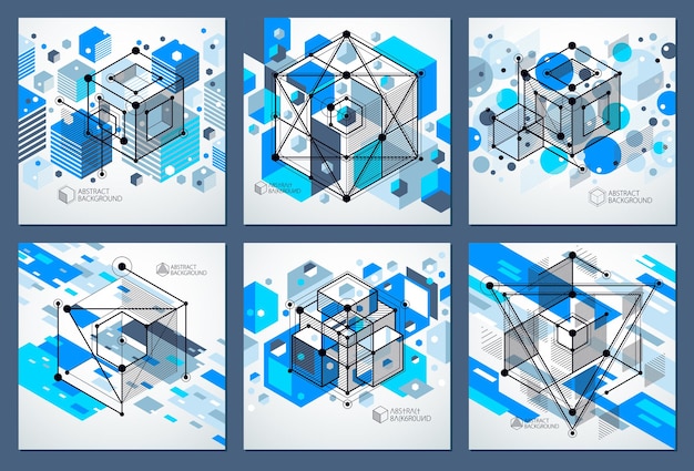 Abstract creative geometric art with a variety of geometric elements blue backgrounds set, vector illustration. perspective blueprint of mechanism, scheme. perfect background for your designs