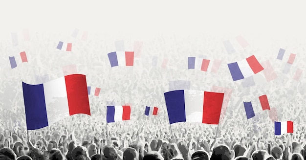 Абстрактная толпа с флагом Франции Народы протестуют против революционной забастовки и демонстрации с флагом