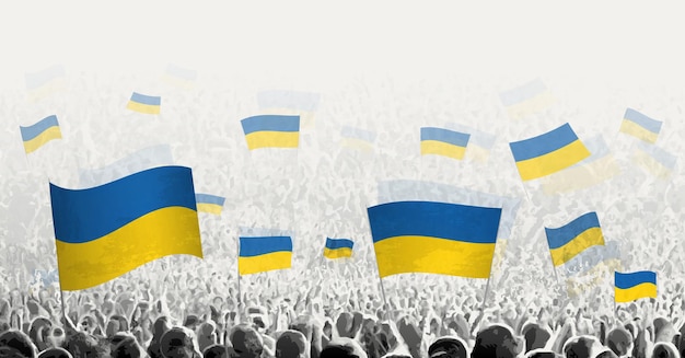 ウクライナの旗を持つ抽象的な群衆抗議革命ストライキと旗を持ったデモ