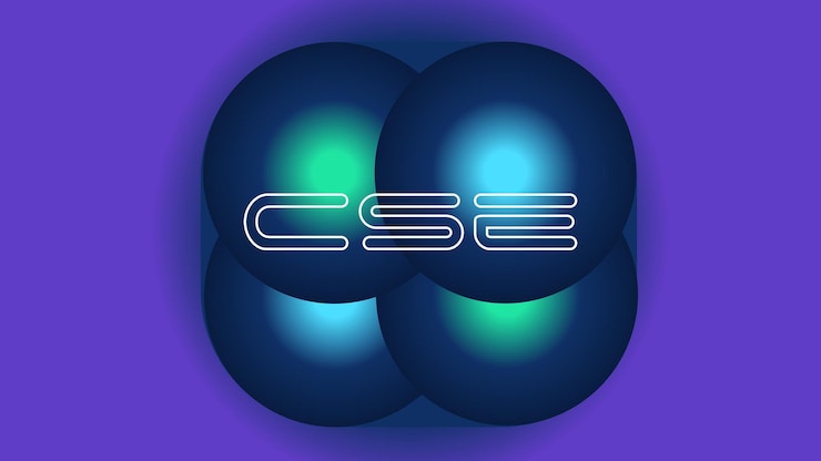 Vector abstract cse logo design with blue spheres on a purple background