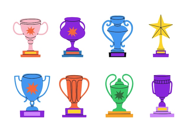 Abstract cup Gold goblet set Competition and tournament golden winner prize Business award game victory sign doodle trophy Bright colorful Achievement icons Vector modern cartoon illustration