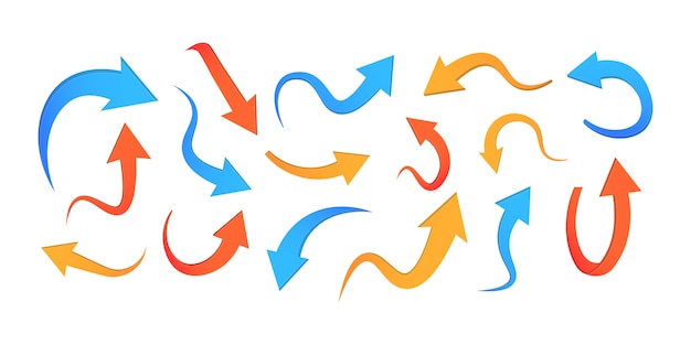 Vettore insieme di vettore delle frecce colorate curve astratte isolato su priorità bassa bianca. icona freccia diversa imposta cerchio, su, ricci, dritti e contorti. elementi di design.