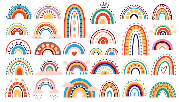 Абстрактные милые мультяшные рисованные радуги для детей Радужные наклейки с векторным набором векторов сердца солнца облаков
