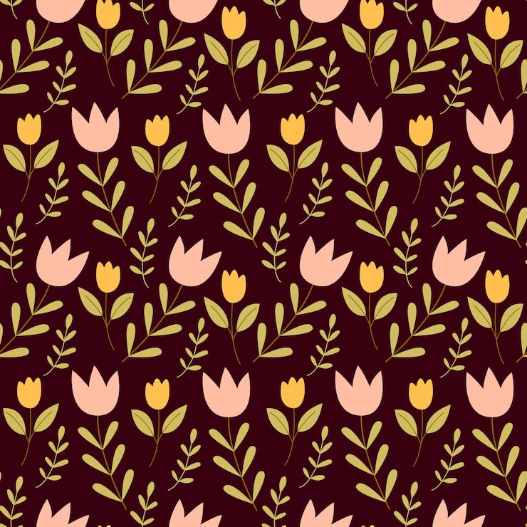 Vector abstract cute flowers of pastel colors on burgundy background seamless pattern scrapbooking spring