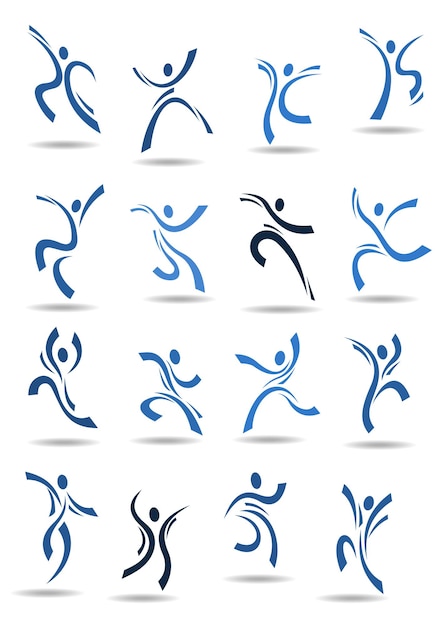 Abstract dance icons with blue silhouettes of dancing people in different poses suitable for logo or emblem template design